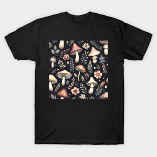 Mushroom Flowers and Leaves Pattern T-Shirt